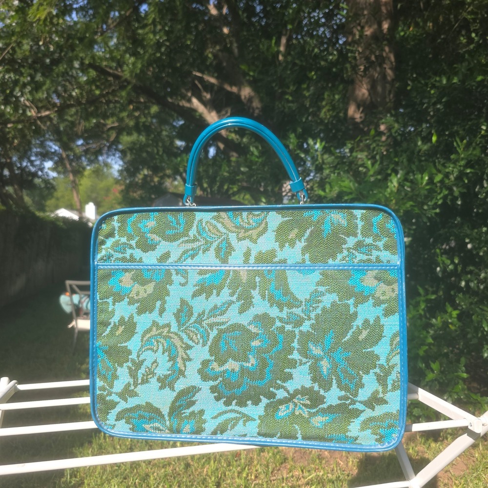 Vintage Tapestry Suitcase Turquoise Green Floral Damask Mid Century Travel Bag - Picture 3 of 8